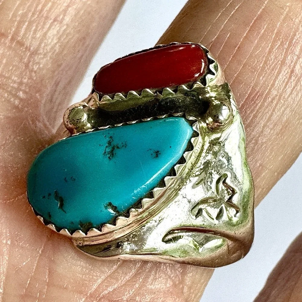 Mens Turquoise Navajo‎ Band Sz 10.5 Coral Two Stone Ring 21mm Signed ML Native
